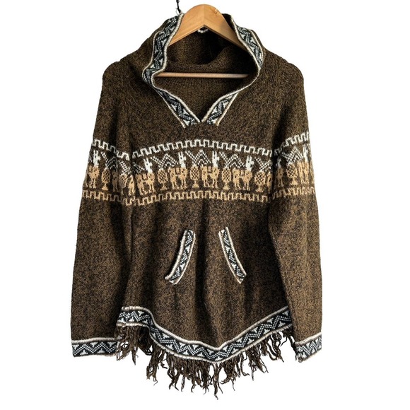 Alpaca Exotic Imports Size Small‎ Handmade Alpaca Hooded Tasseled Sweater Brown - Picture 1 of 8